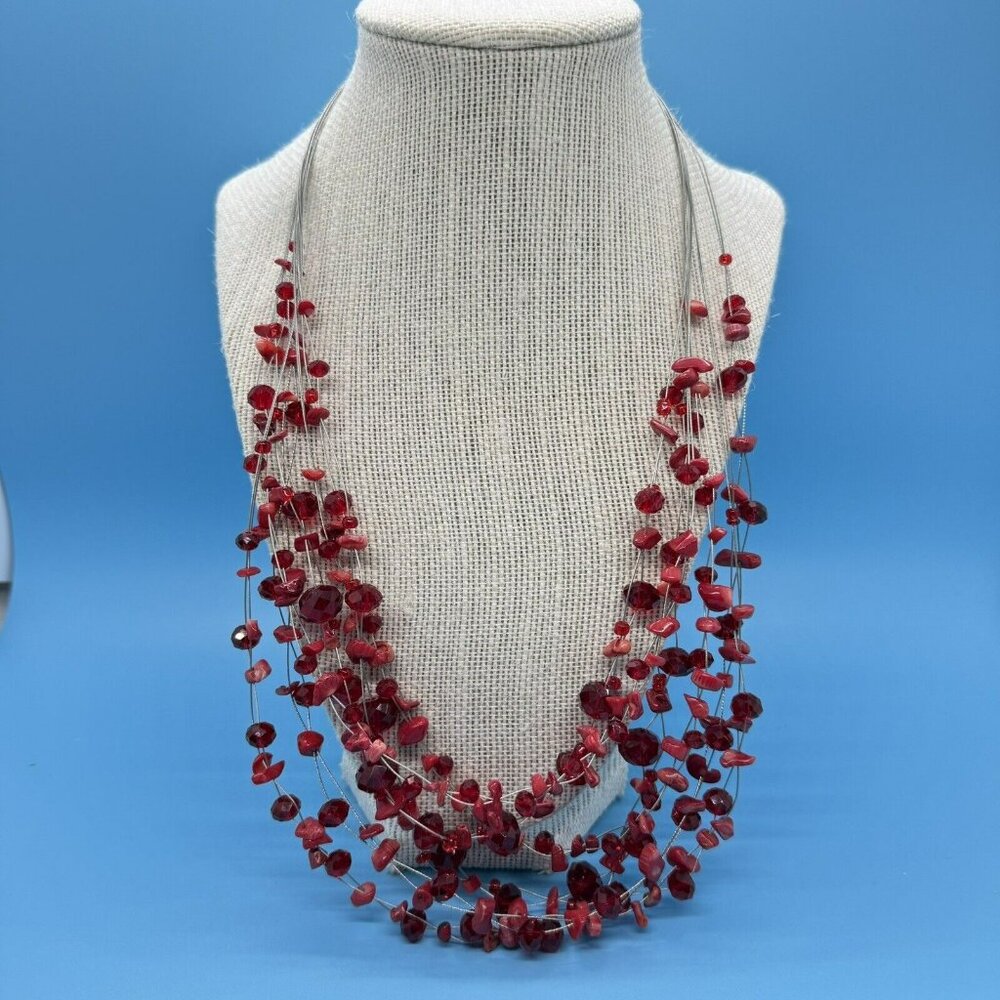 Lane‎ Bryant Red Beaded Multiple Strands Necklace Statement 22” Adjustable